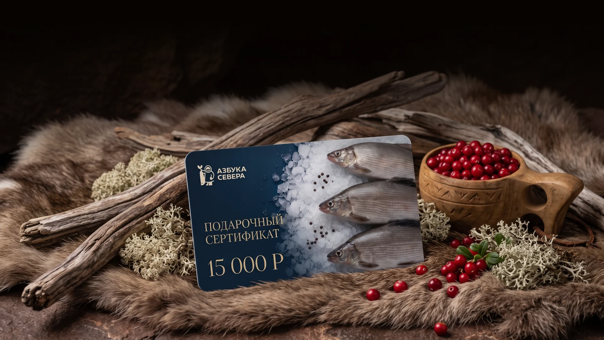 Подарочный сертификат Азбуки Севера среди ягеля, дерева и северных ягод