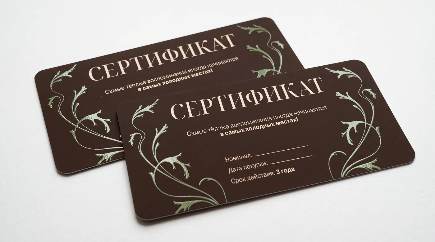 Два физических сертификата «Азбуки Севера» с растительным узором