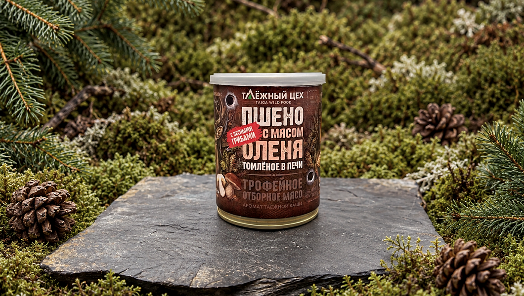 Пшено с мясом Оленя и лесными грибами томленое в печи 